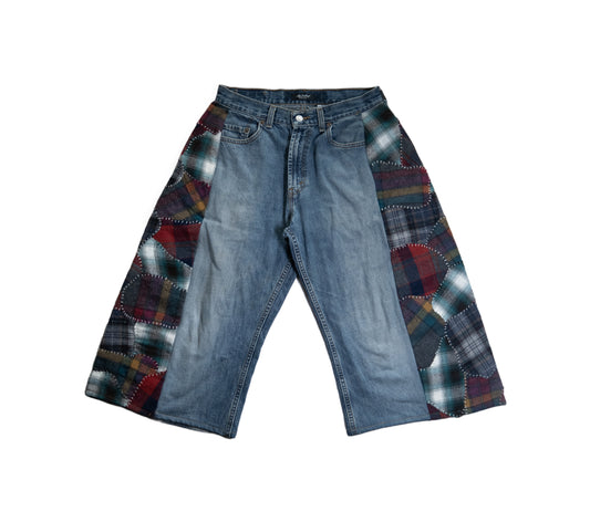 Patchwork Wool Side-Seam Denim Shorts